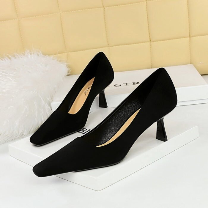 BIG TREE SHOES 6183-3 Korean Fashion Simple High Heels Suede Low-Cut Square Toe Pedicure Slimming All-Matching Women's Shoes Spring and Autumn Single-Layer Shoes - Image 3