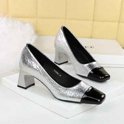 BIGTREE SHOES 5299 Korean Style Banquet Women's Shoes Mary Jane Crack Patchwork Commuter High Heels Mid Heel Chunky Heel Square Toe Simple Single Shoes