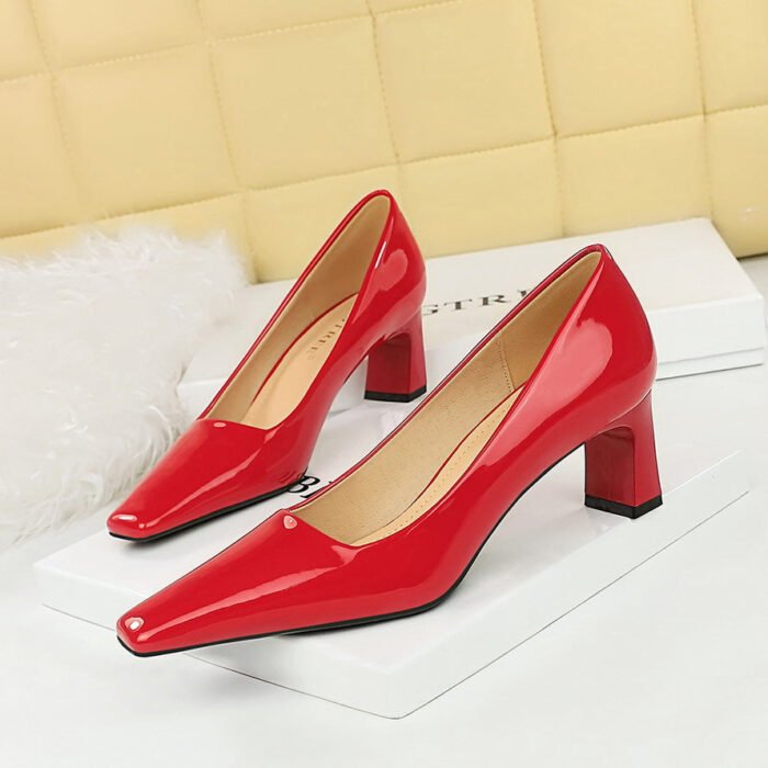 BIGTREE SHOES 6186-1 European and American Style Fashion Simple High Heel Chunky Heel Low-Cut Square Head Shiny Patent Leather Commuter's All-Matching Women's Thin Shoes - Image 2