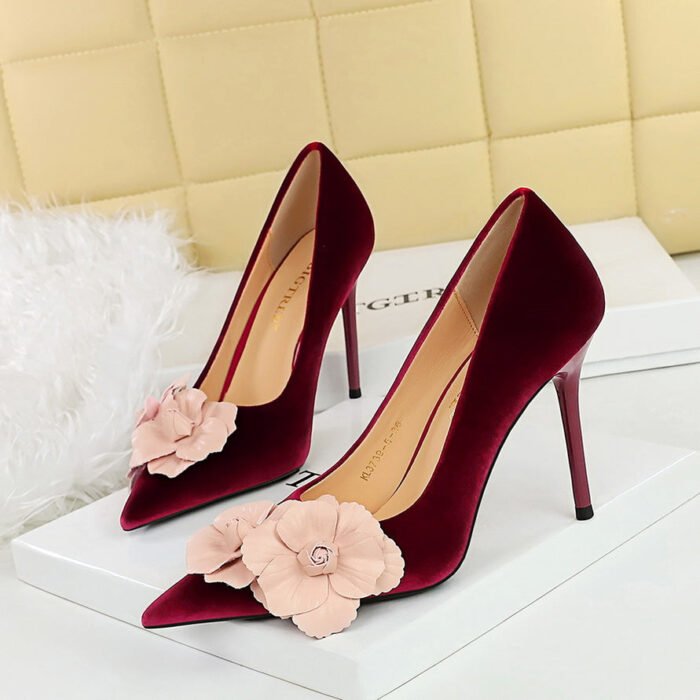 BIGTREE SHOES 3739-H57 European and American Style Banquet High Heels Stiletto Heel Xishi Suede Shallow Mouth Pointed-Toe Colorblock Flower Shoes Women's Shoes - Image 1
