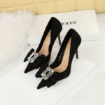 BIG TREE SHOES 18249-h32 Korean Style Banquet High Heel Stiletto Low Mouth Pointed Toe Satin Rhinestone Buckle Bow Women's Shoes Wedding Shoes - Image 4
