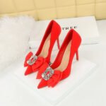 BIG TREE SHOES 18249-h32 Korean Style Banquet High Heel Stiletto Low Mouth Pointed Toe Satin Rhinestone Buckle Bow Women's Shoes Wedding Shoes - Image 3