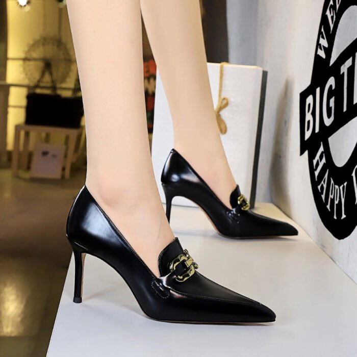BIG TREE SHOES 837-3 Retro European American Style Fashion High-Cut Shoes Women's Shoes Stiletto Heel Pointed-Toe Metal Belt Buckle Deep Mouth Pumps - Image 3