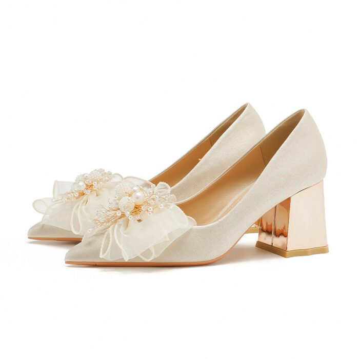 7118-16 Apricot High Heels Women's Pointed Toe Chunky Heel Wedding Shoes Niche High Sense Xiuhe Wedding Dress Engagement - Image 5