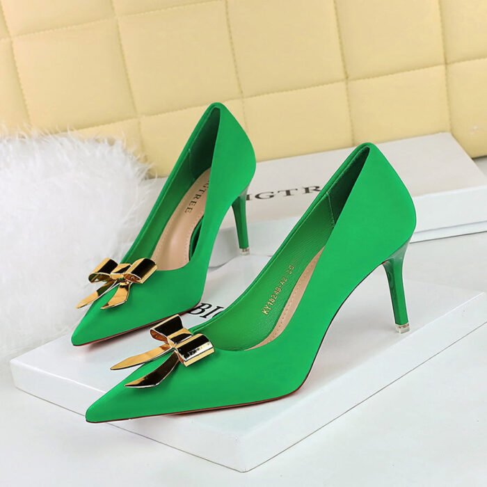 BIGTREE SHOES 18249-AK68 Thin Heel High Heel Satin Shallow Pointed Toe Metal Bowknot Single Shoes - Image 4