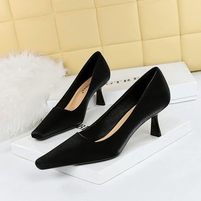 big tree shoes 6183-5 European and American Style Retro Women's Shoes Stiletto Heel Shallow Mouth Square Toe Simple Pedicure Slimming Spring and Autumn Single-Layer Shoes Women - Image 1