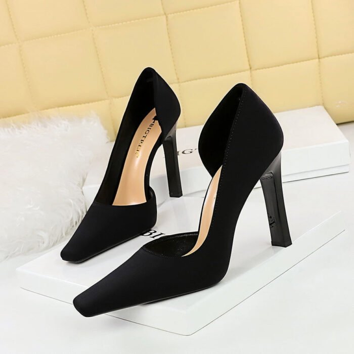 BIG TREE SHOES 3275-3 European and American Style High Heels Thick Heel Super High Heel Shallow Mouth Pointed Side Hollow Satin Square Toe High Heel Pumps Women - Image 2