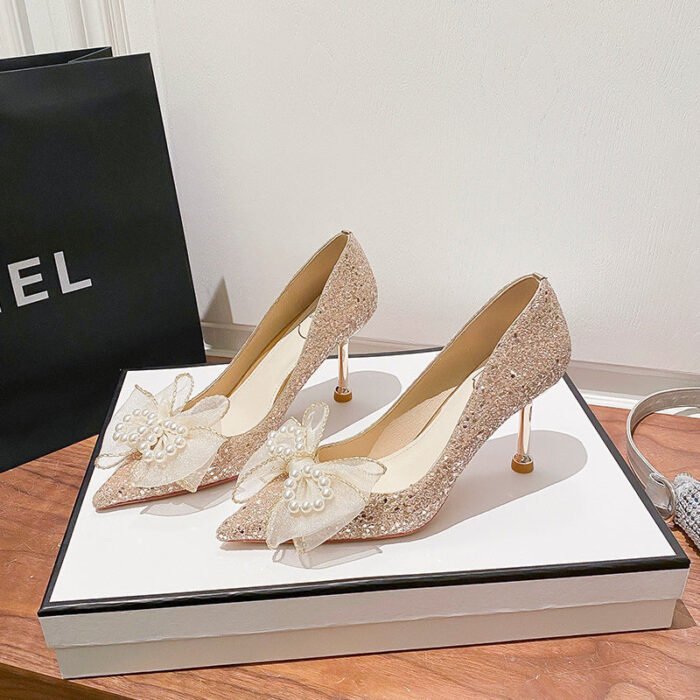 D888-42 Pointed High Heels Women's Chunky Heel Wedding Shoes High-Grade Wedding Dress Annual Meeting Pumps - Image 6