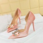 Bigtree Shoes 1363-K77 Banquet High Heels Stiletto Heel Shallow Mouth Pointed Side Hollow out Thick Suede Rhinestone Buckle Bow Pumps - Image 4