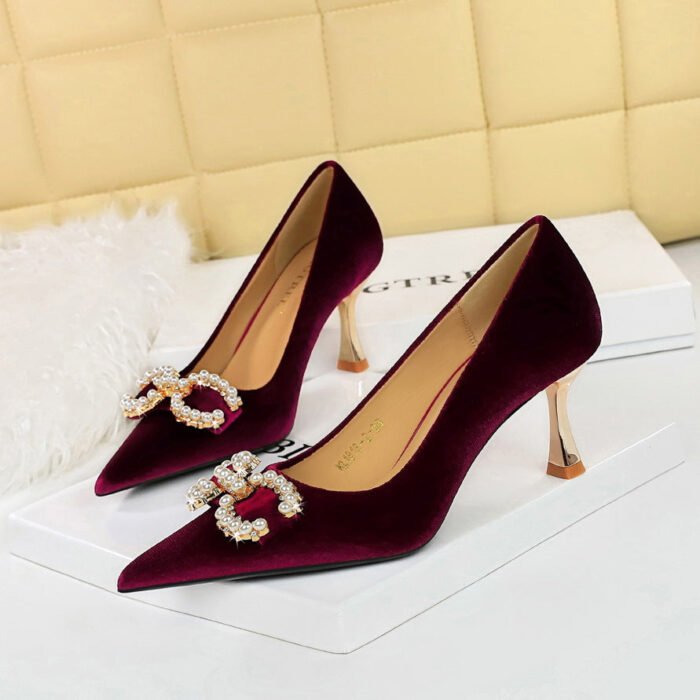 BIG TREE SHOES 1818-K79 Banquet High Heels Korean Style Women's Shoes Xishi Suede Shallow Mouth Pointed-Toe Metal Pearl Rhinestone Buckle Pumps - Image 2