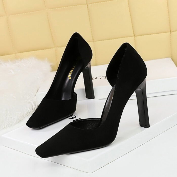 BIG TREE SHOES 3275-2 European and American Fashion Minimalist Thick Heel Super High Heel Low-Cut Square Toe Suede Side Hollow Pumps Women's Shoes High Heels - Image 2
