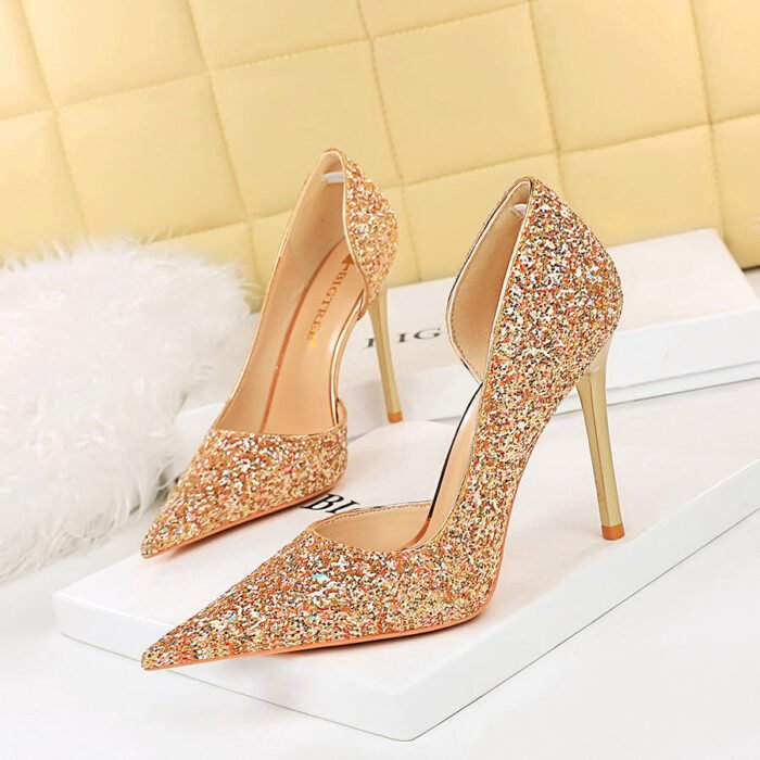 8829-3 European and American Sexy Banquet High Heels Stiletto Heel Shallow Mouth Pointed Side Hollow Sparkle Sequins Pumps - Image 2