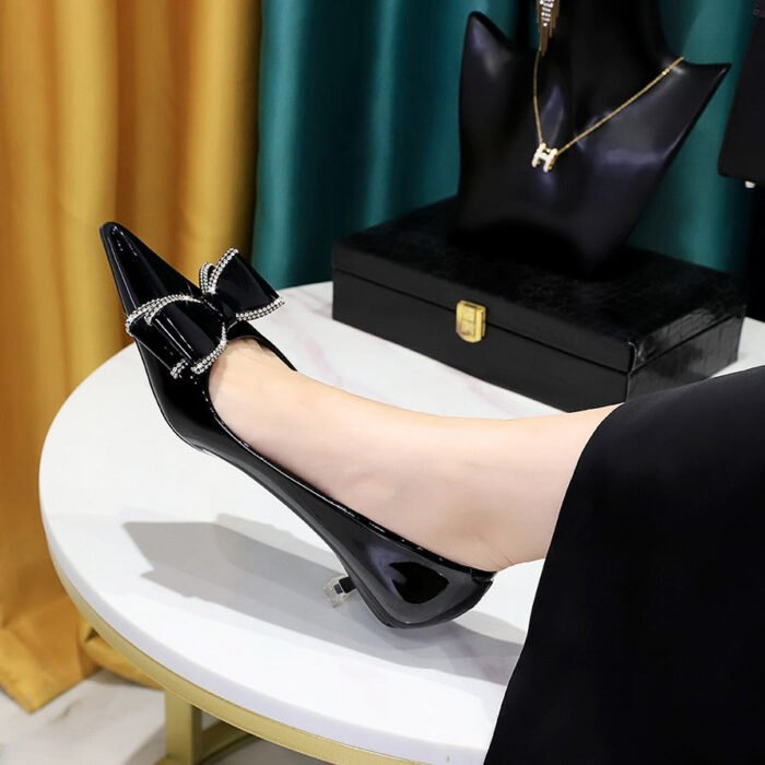 BIGTREE SHOES 237-H35 Korean Style Fashion Banquet Women's Shoes Stiletto Mid-Heel Shallow Mouth Pointed Patent Leather Rhinestone Bow Women's Shoes - Image 2