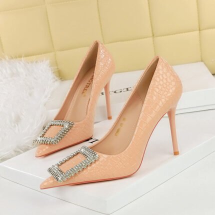 BIGTREE SHOES 3391-k63 European and American Style Patent Leather Pumps Stiletto Heel Pointed Low-Cut Rhinestone Metal Decorative Super High Heel High Heel Pumps