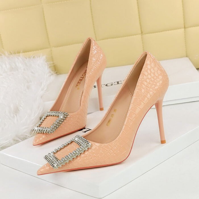 BIGTREE SHOES 3391-k63 European and American Style Patent Leather Pumps Stiletto Heel Pointed Low-Cut Rhinestone Metal Decorative Super High Heel High Heel Pumps - Image 1