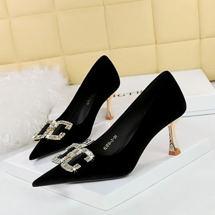 BIG TREE SHOES 1818-K78 Banquet Entry Lux Elegant Women's Shoes High Heels Xishi Suede Shallow Mouth Pointed Toe Rhinestone Bow Pumps - Image 3