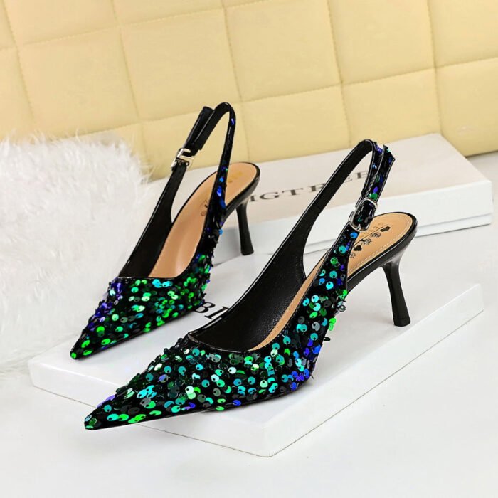 BIGTREE SHOES 869-A22 European and American Style Banquet High Heels Women's Shoes Hollow Back Shoes Shallow Mouth Pointed-Toe Hollowed Back Strap Sequined Shoes - Image 5