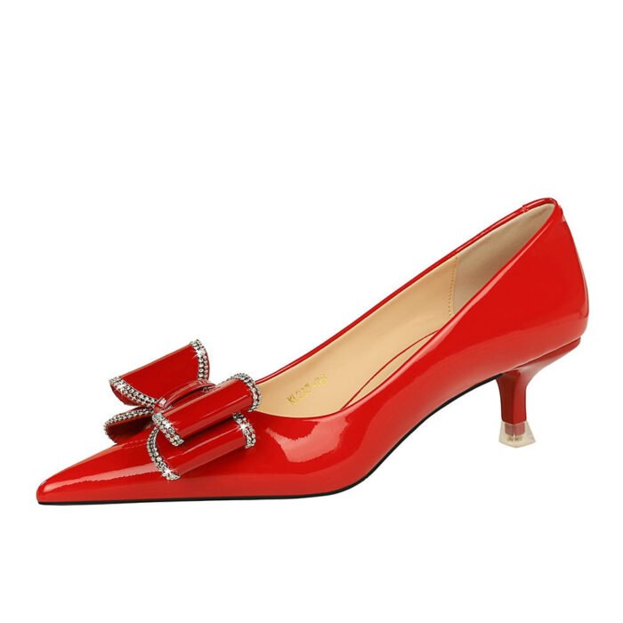 BIGTREE SHOES 237-H35 Korean Style Fashion Banquet Women's Shoes Stiletto Mid-Heel Shallow Mouth Pointed Patent Leather Rhinestone Bow Women's Shoes - Image 5