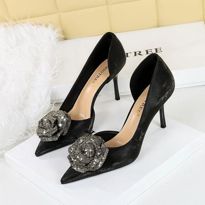 BIGTREE SHOES 8238-H52 National Style Women's Shoes Banquet High Heels Shallow Mouth Pointed Toe Side Hollow Rose Rhinestone Flower Shoes Women - Image 3