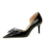 BIG TREE SHOES 638-Ah22 European and American Banquet Women's Shoes Stiletto Heel Shallow Mouth Pointed Patent Leather Side Hollow Rhinestone Bow Pumps - Image 4