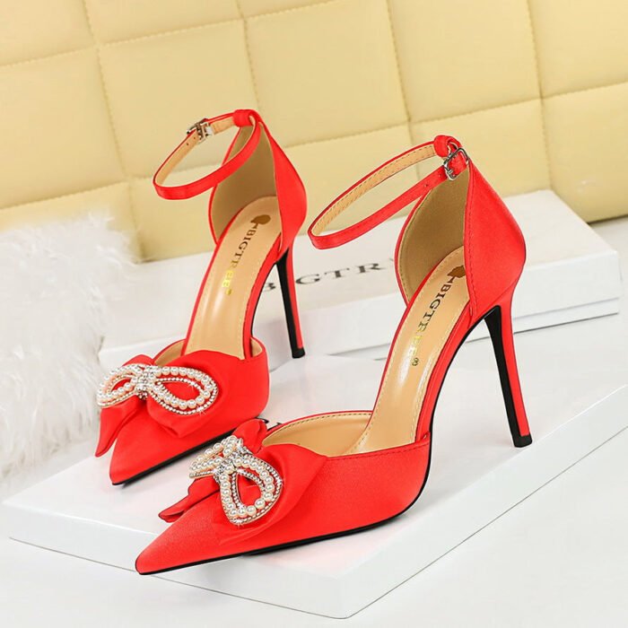 BIGTREE SHOES 9863-H28 Hollow Shoes Women's Shoes Low-Cut Pointed Hollow Satin Pearl Bow Strap Sandals - Image 2