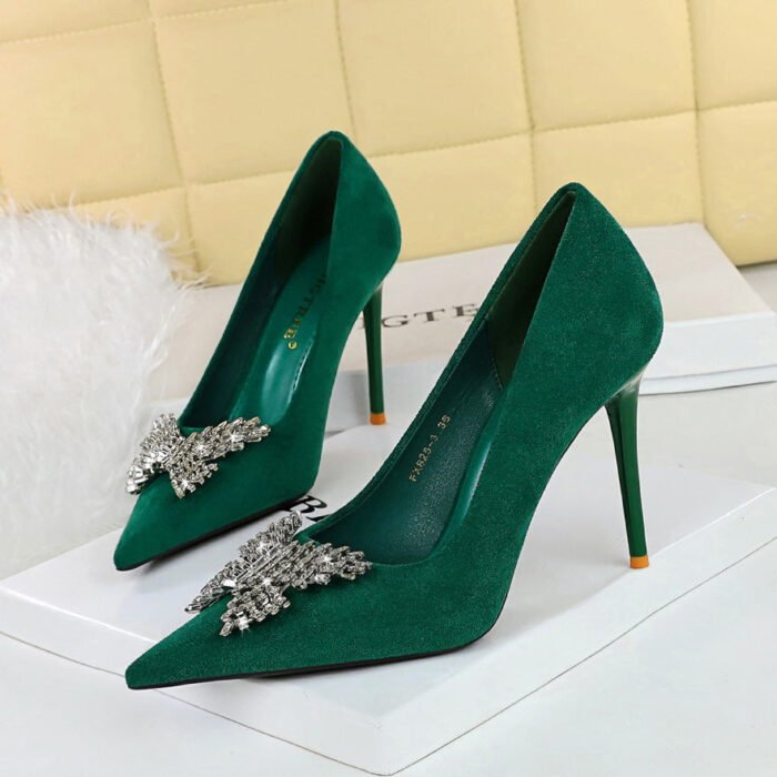 BIGTREE SHOES 825-K53 European and American Style Banquet High Heels Stiletto Women's Shoes Suede Shallow Mouth Pointed-Toe Metal Butterfly Rhinestone Pumps - Image 4