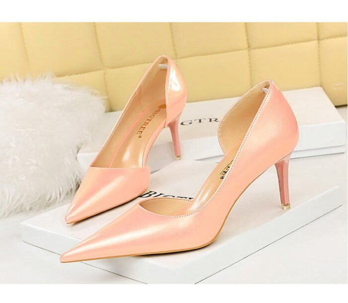 1363-A2 Korean fashion slim banquet fine heel high heel shallow pointed side hollow patent leather women's shoes single shoes high - Image 19