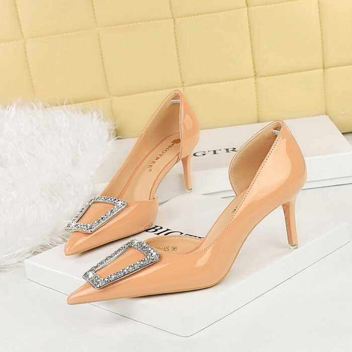 BIGTREE SHOES 638-Ak28 European and American Style Banquet Shiny Patent Leather High Heels Women's Shoes Side Hollow-out Pointed Toe Metal Rhinestone Buckle Pumps - Image 1