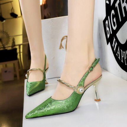 BIGTREE SHOES 3718-5 National Style Women's Shoes Metal Very High Very Low-Cut Pointed-Toe Hollowed Back Strap with Pearl Back Open Shoes