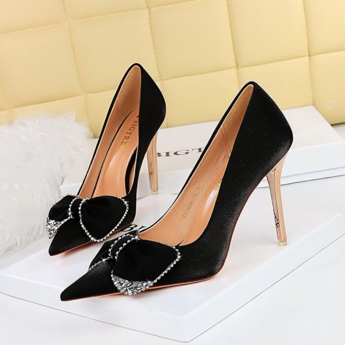 BIGTREE SHOES 1829-H31 European and American Banquet High Heels Women's Shoes Metal Heel Super High Heel Pointed Toe Satin Rhinestone Bow Pumps - Image 1