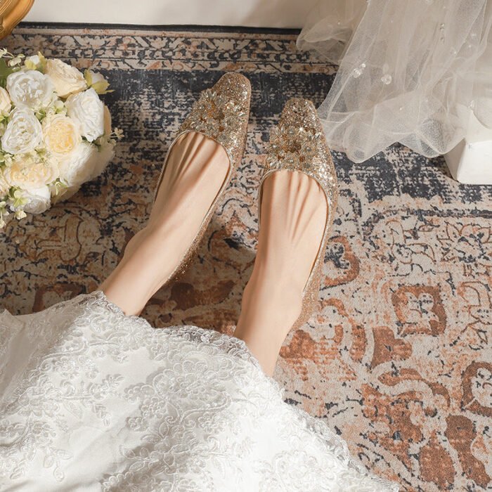 A29-6 French Square Head Gold Flat 2cm Low Heel High-Grade Rhinestone Bridesmaid Shoes Women - Image 4