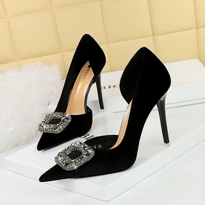 Bigtree Shoes 1363-K83 Banquet High Heels Stiletto Heel Thick Suede Pointed Side Hollow Metal Rhinestone Buckle Super High Heel Shoes - Image 2