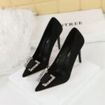 BIGTREE SHOES 9511-K73 Banquet High Heels Stiletto Heel European and American Style Women's Shoes Suede Shallow Mouth Pointed-Toe Metal Rhinestone Buckle Pumps Women - Image 2