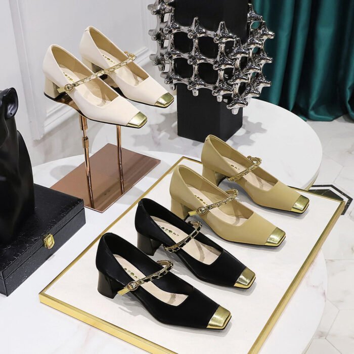 BIGTREE SHOES 5288-7 Temperament Mary Jane Shoes Chunky Very Mid-Very Low-Cut Color Matching Stitching Square Toe Metal Chain Ankle-Strap Shoes - Image 4