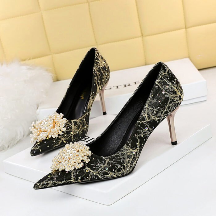 628-A2 European and American Style Banquet Women's Shoes Metal Heel Stiletto Heel Shallow Mouth Pointed Toe Rhinestone Pearl Flower Women's Shoes - Image 1