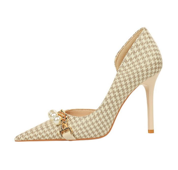 8829-1 Korean version of high-heeled shoes with lattice pattern shallow mouth side hollow houndstooth pearl metal chain super high-heeled shoes - Image 26
