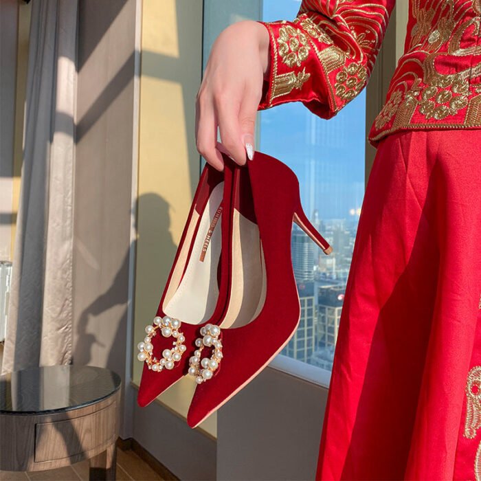 Runnig heels Runnig heels 878-23 Wedding Shoes Wedding Dress Red High Heels Women New Single Layer Shoes - Image 1