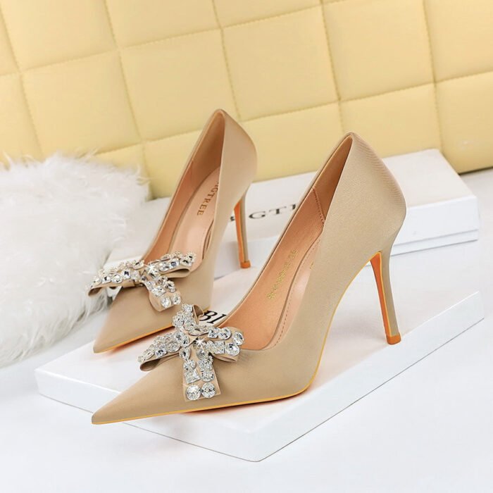BIGTREE SHOES 1983-H10 European and American Sexy Banquet High Heels Stiletto Heel Shallow Mouth Pointed Toe Satin Rhinestone Bow Pumps - Image 4