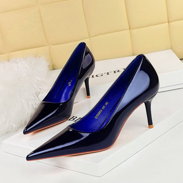 BIGTREE SHOES 9283-A5 European and American Style Simple Patent Leather High Heels Women's Shoes Stiletto Low Mouth Pointed Toe All-Matching Commuter High Heel Pumps - Image 1