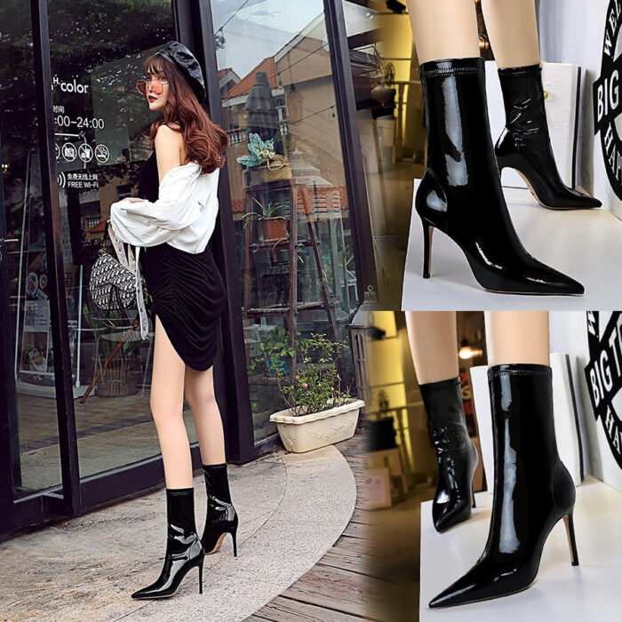 BIG TREE SHOES 315-13 European and American Fashion Sexy Nightclubs Thinner Shiny Patent Leather Stretch Slimming Pointed Ankle Boots Winter Skinny Boots - Image 3