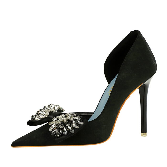 BIG TREE Shoes 6168-H3 European and American High Heels Stiletto Low-Cut Pointed Side Hollow Cloth Surface Ultra-High Heel Rhinestone Bow Pumps - Image 5
