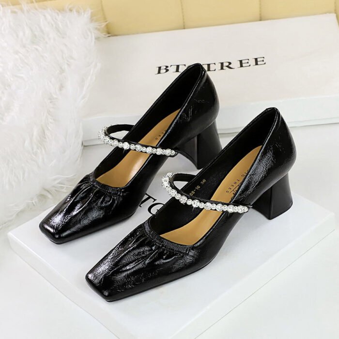 Bigtree Shoes 5288-16 Vintage Fashionable Chunky Heel Mid-Heel Low-Cut Square Toe Rhinestone Pearl Ankle-Strap Shoes Mary Jane Women's Shoes - Image 3