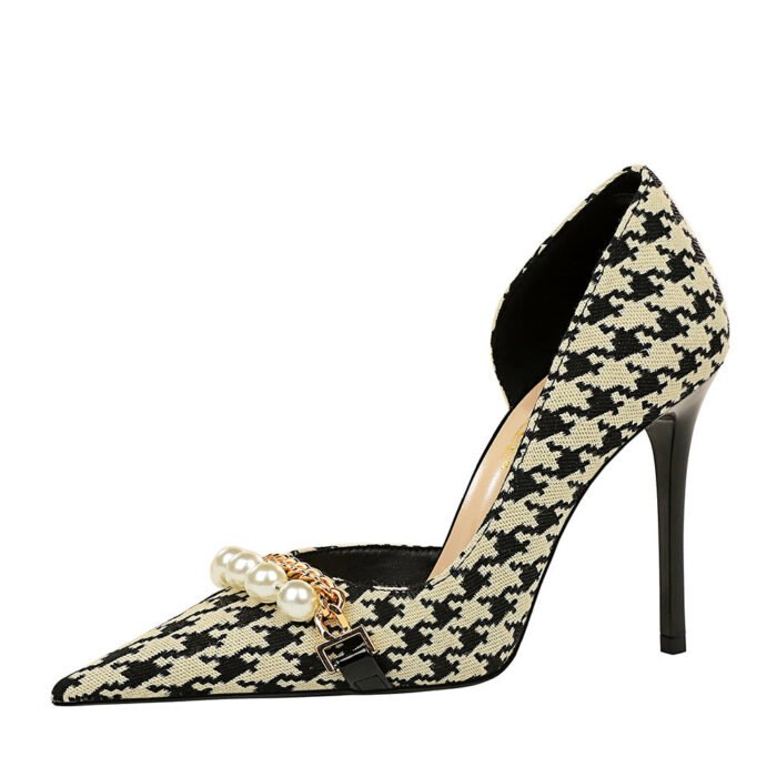8829-1 Korean version of high-heeled shoes with lattice pattern shallow mouth side hollow houndstooth pearl metal chain super high-heeled shoes - Image 5