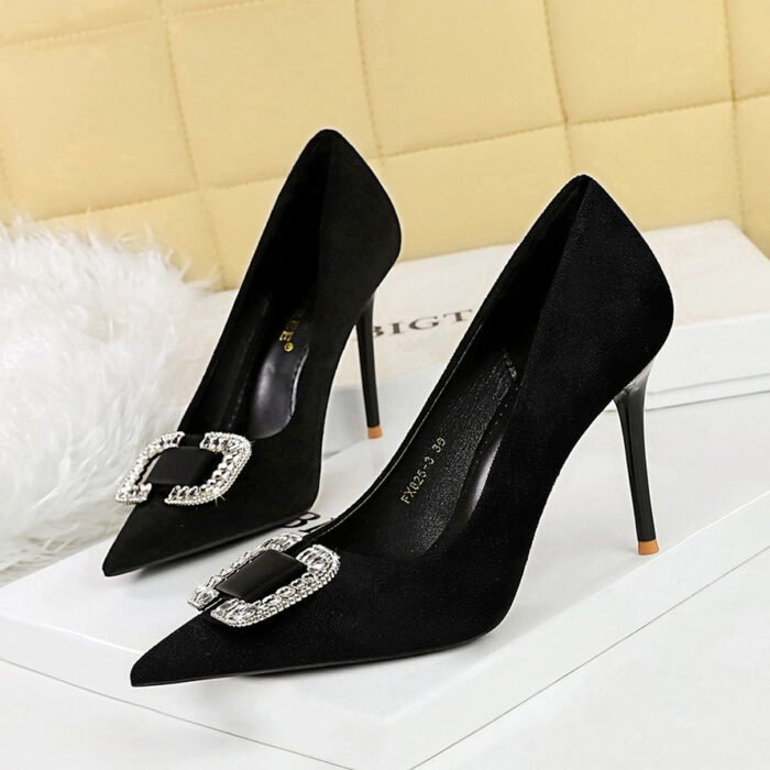 BIGTREE SHOES 825-K69 Korean Style Fashionable Banquet High Heels Stiletto Heel Women's Shoes Suede Shallow Mouth Pointed Metal Rhinestone Buckle Single-Layer Shoes - Image 2