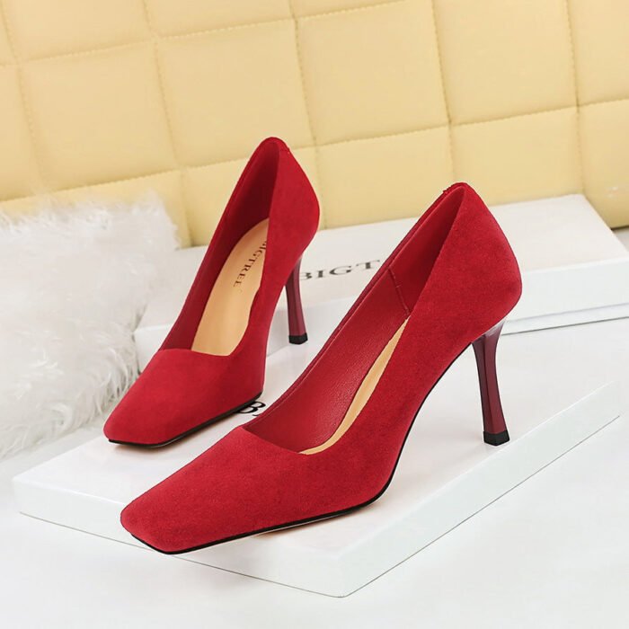 BIG TREE SHOES 7731-2 Korean Style Spring and Autumn Fashion All-Matching Simple High Heels Stiletto Suede Low-Cut Square Toe Women's Shoes High Heel Pumps - Image 1