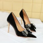 BIG TREE SHOES 1829-H3 European and American Style Banquet Light Luxury High Heels Satin Shallow Mouth Pointed Toe Rhinestone Bow Women's High Heel Shoes - Image 2