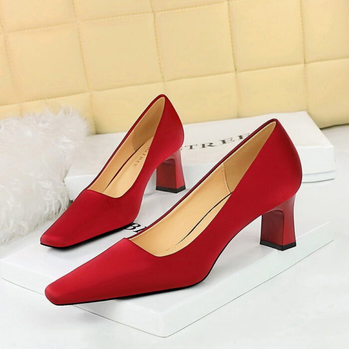 BIGTREE SHOES 6186-2 Korean Style Fashionable All-Match Simple Pedicure High Heel Chunky Heel Low-Cut Square Toe Satin Women's Shoes High Heels Pumps - Image 2