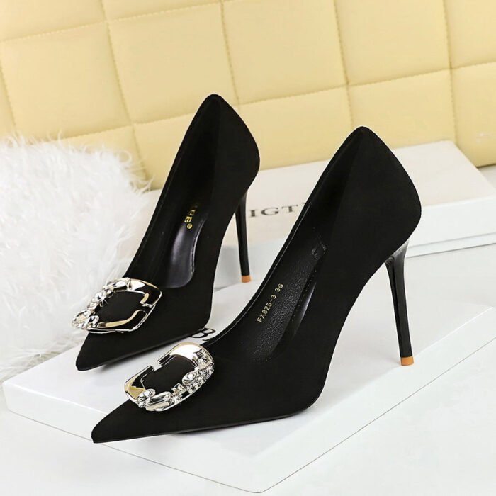 BIGTREE SHOES 825-K52 Banquet High Heels Women's Shoes Stiletto Heel Shallow Mouth Pointed Toe Suede Metal Rhinestone Belt Buckle Pumps - Image 2