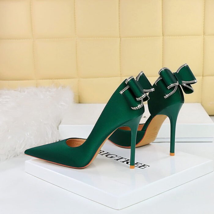 BIG TREE SHOES 626-H36m European and American Banquet High Heels Stiletto Heel Shallow Mouth Pointed Toe Side Hollow Rhinestone Back Bow Pumps - Image 2
