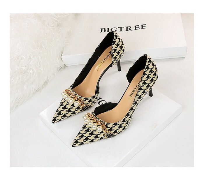 8829-A1 Korean version of high-heeled shallow-mouth pointed side hollow cloth plaid pearl metal chain houndstooth shoes - Image 13
